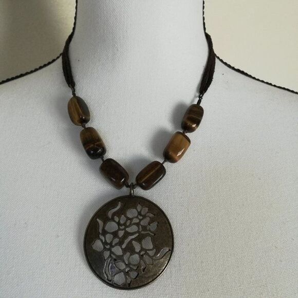 Avon Jewelry - Avon Brass Floral Cutout Medallion Pendant Tiger's Eye Beaded Necklace